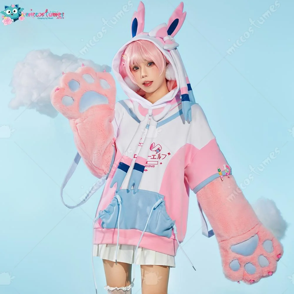 【Ready for Ship】Miccostumes PM Derivative Pink Pullover Hoodie with Detachable Bag Design Furry Cat Paw Gloves Kawaii Sweatshirt
