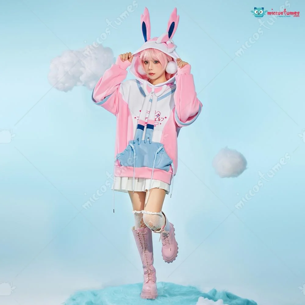 【Ready for Ship】Miccostumes PM Derivative Pink Pullover Hoodie with Detachable Bag Design Furry Cat Paw Gloves Kawaii Sweatshirt
