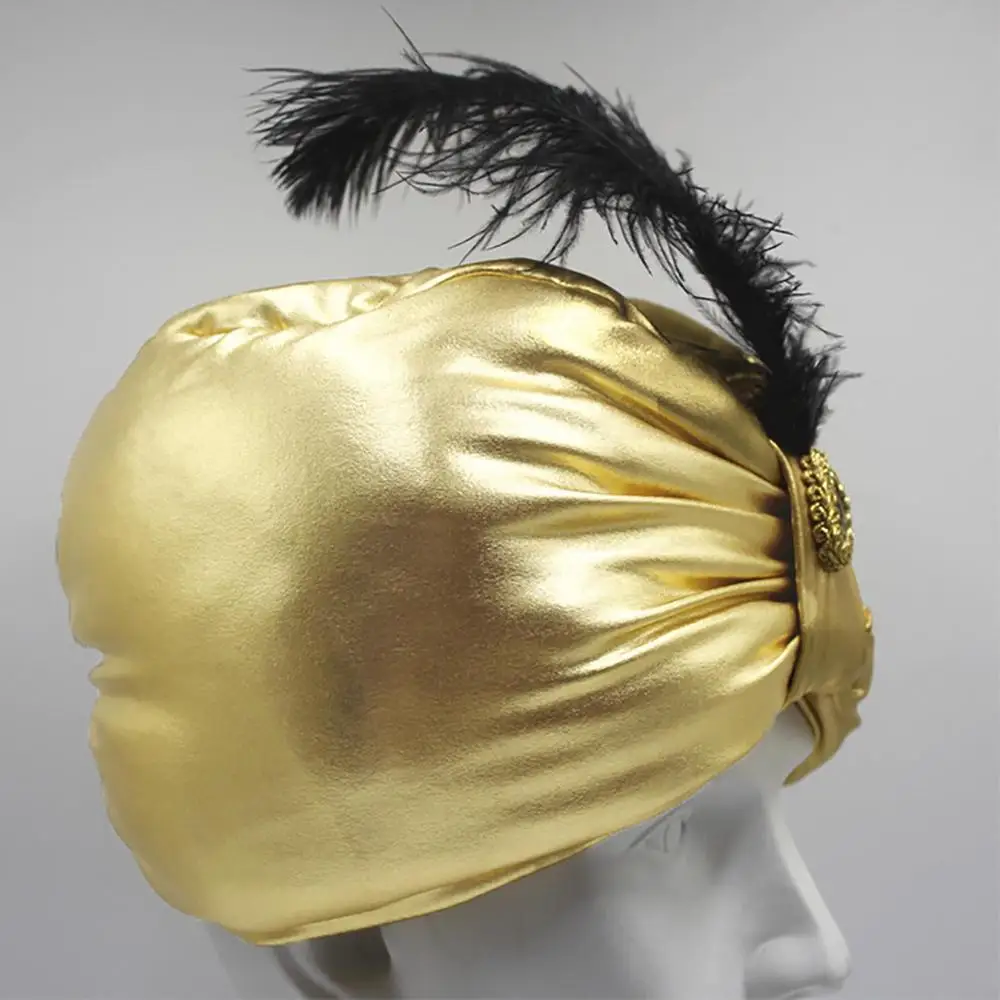 Unisex Turban Hat Sultan Aladdin Arab Vintage Headwear Novelty Arabian Costume Accessory with Feather Gem for Adults Teens