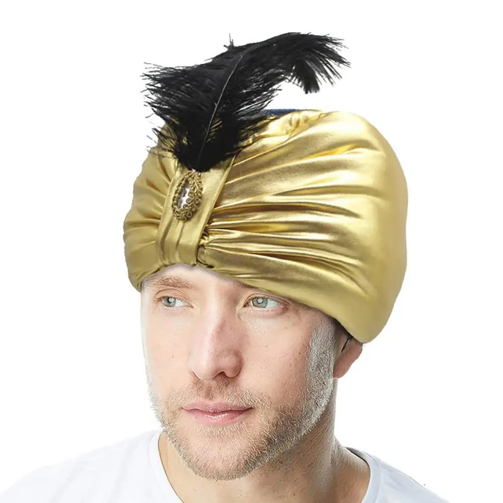 Unisex Turban Hat Sultan Aladdin Arab Vintage Headwear Novelty Arabian Costume Accessory with Feather Gem for Adults Teens