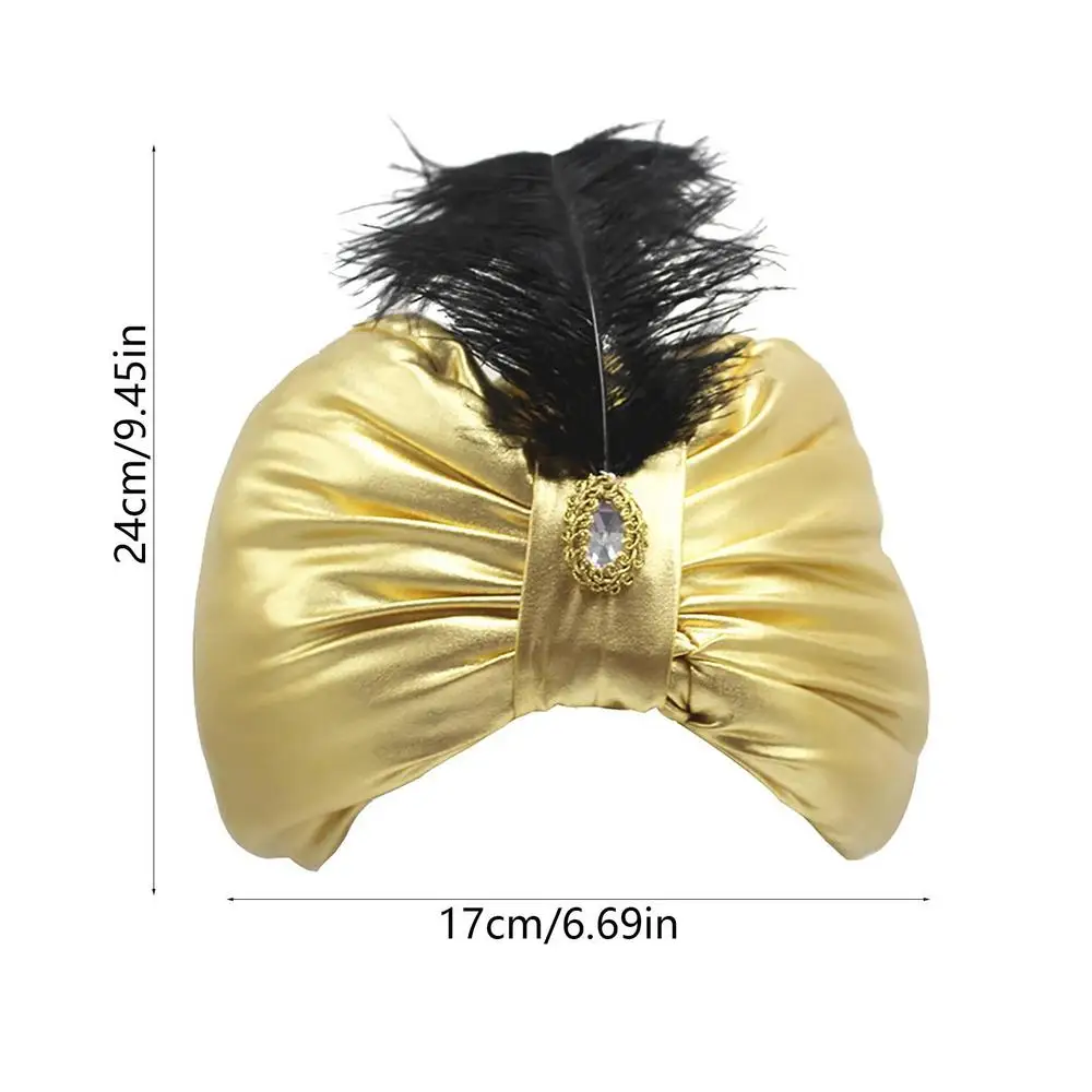 Unisex Turban Hat Sultan Aladdin Arab Vintage Headwear Novelty Arabian Costume Accessory with Feather Gem for Adults Teens
