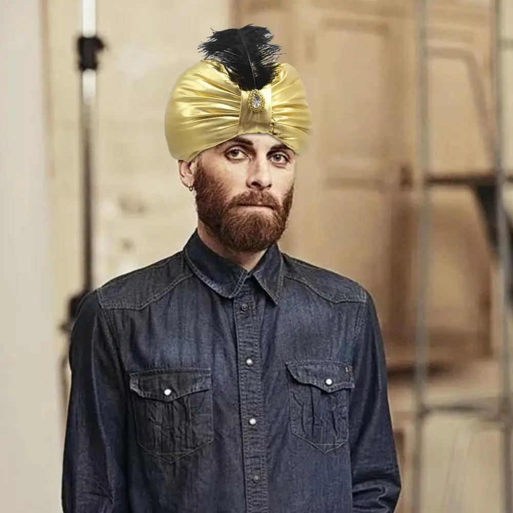 Unisex Turban Hat Sultan Aladdin Arab Vintage Headwear Novelty Arabian Costume Accessory with Feather Gem for Adults Teens