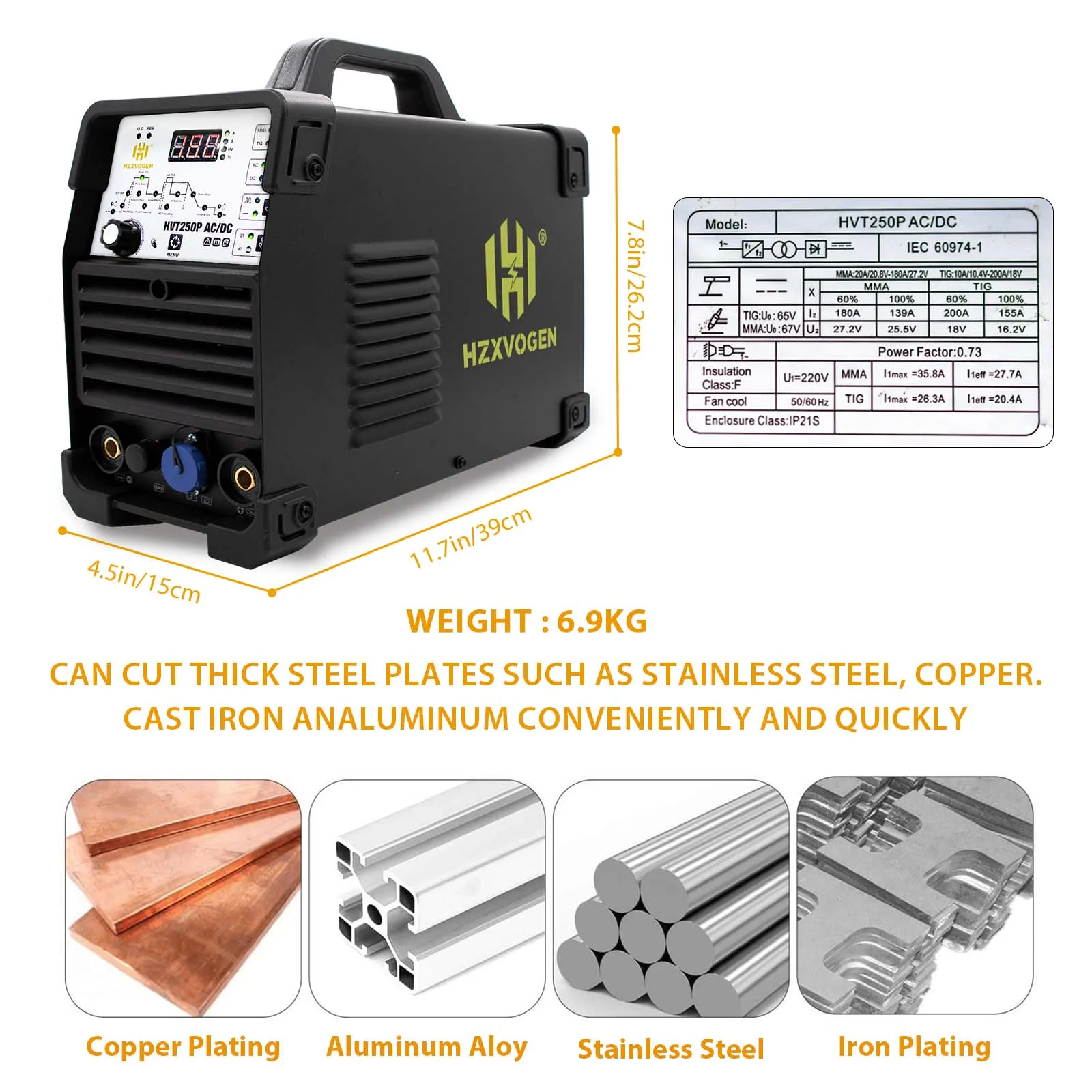 AC/DC TIG Welder 250A HZXVOGEN HVT250P HF TIG MMA ARC Stick Pulse 2T/4T 220V IGBT Inverter Aluminum Stainless Steel Welder