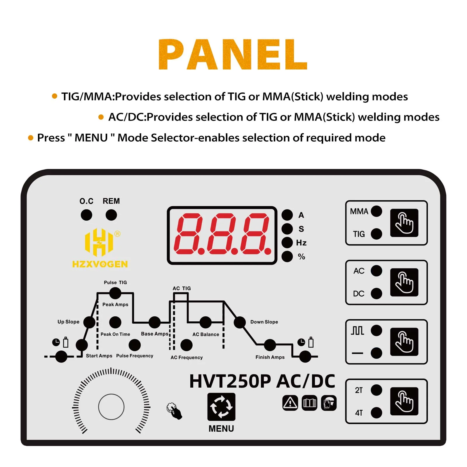 AC/DC TIG Welder 250A HZXVOGEN HVT250P HF TIG MMA ARC Stick Pulse 2T/4T 220V IGBT Inverter Aluminum Stainless Steel Welder