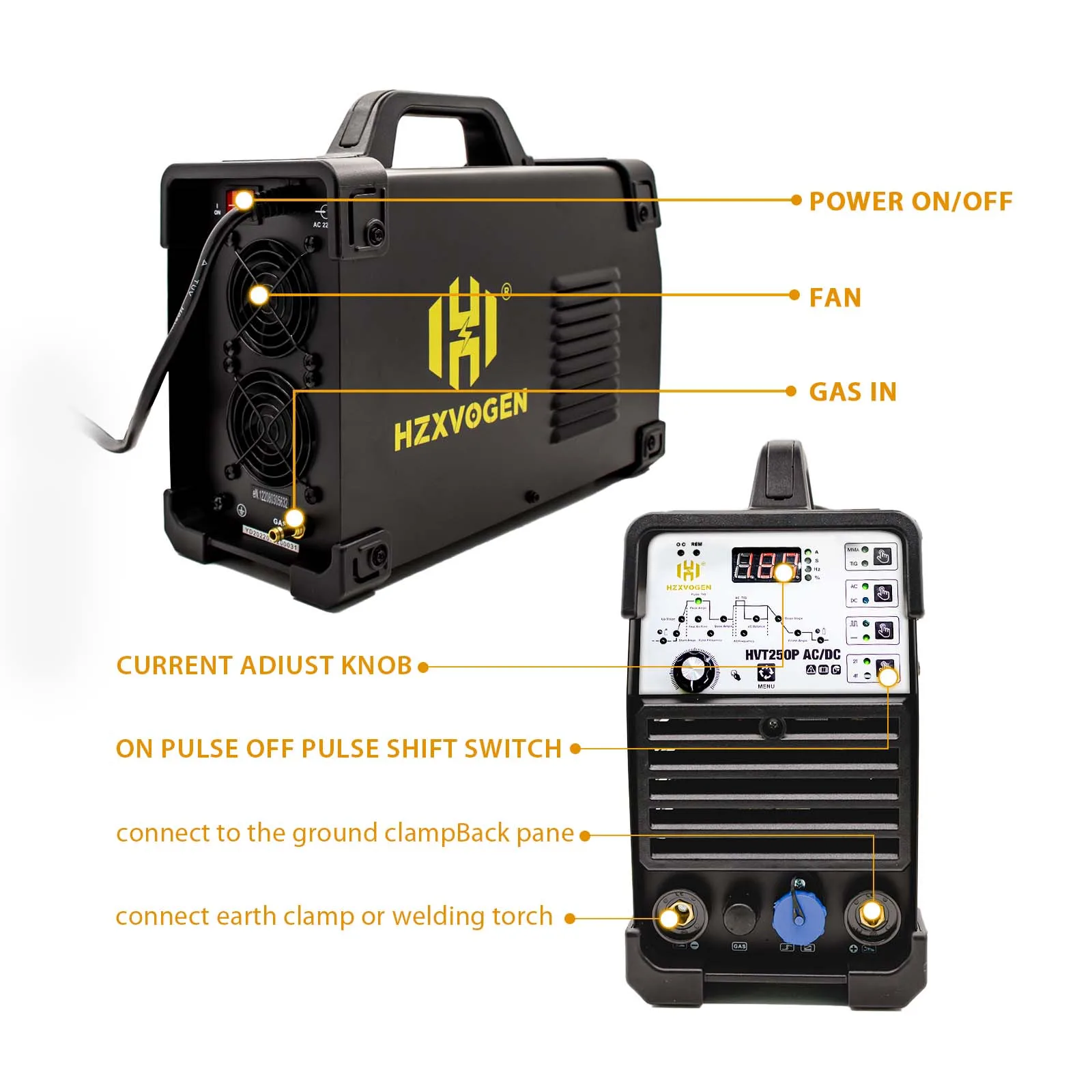 AC/DC TIG Welder 250A HZXVOGEN HVT250P HF TIG MMA ARC Stick Pulse 2T/4T 220V IGBT Inverter Aluminum Stainless Steel Welder