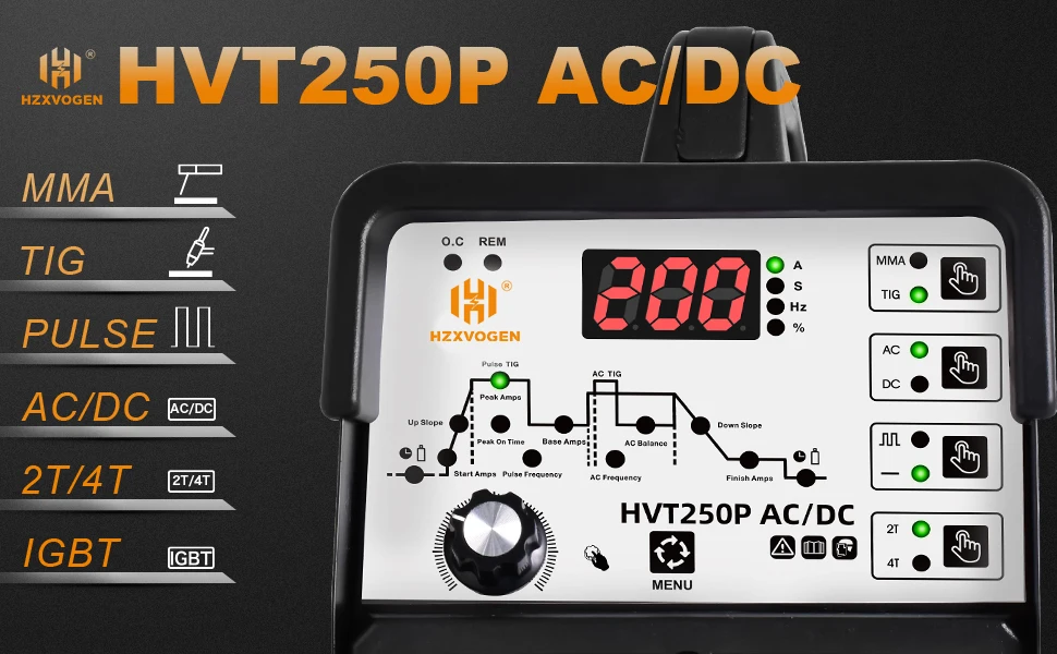 AC/DC TIG Welder 250A HZXVOGEN HVT250P HF TIG MMA ARC Stick Pulse 2T/4T 220V IGBT Inverter Aluminum Stainless Steel Welder
