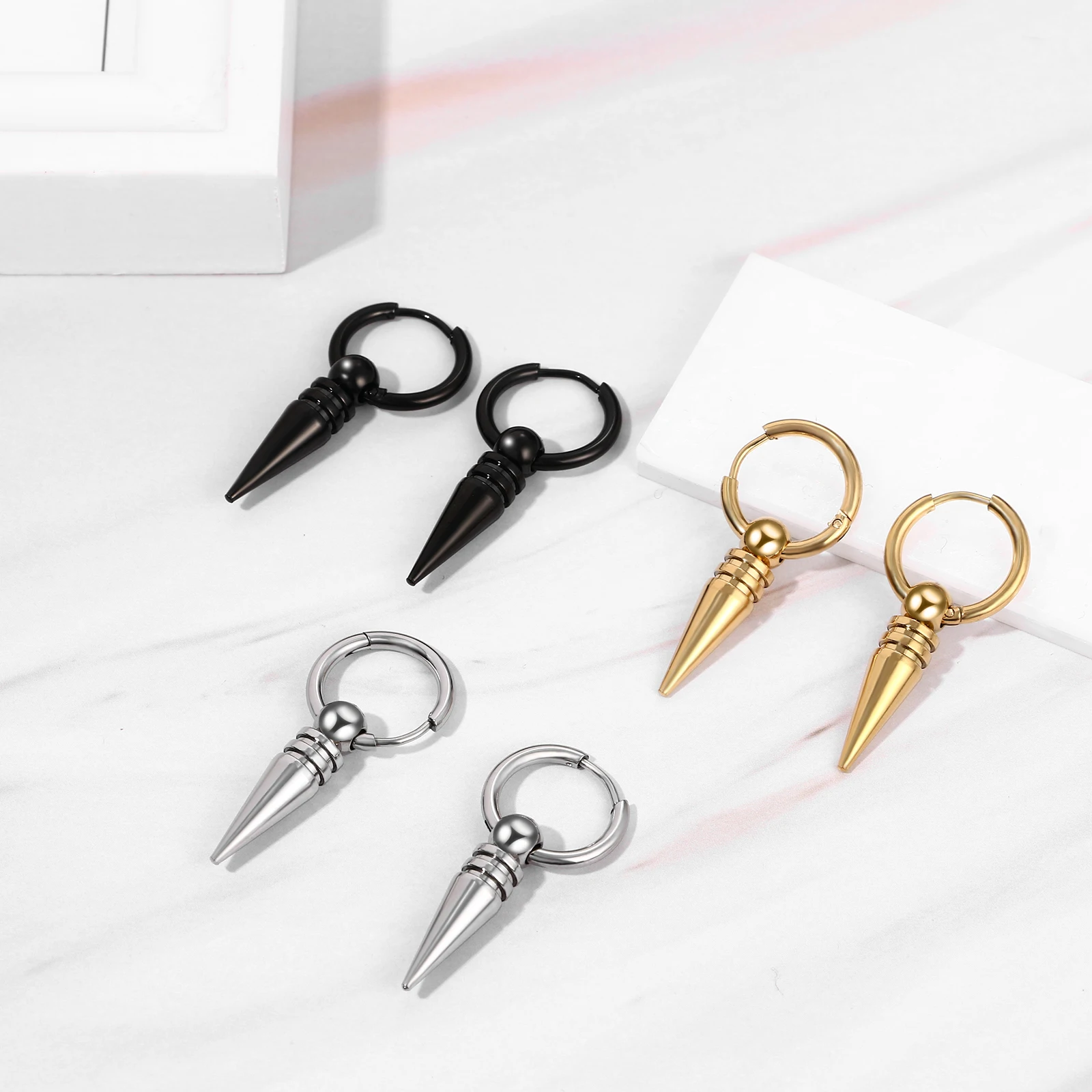 BONISKISS 2 Pairs Norse Viking Earrings Stainless Steel Nordic Elder Futhark Runes Hoop Huggie Hinged Fake Stud Men Women Unisex