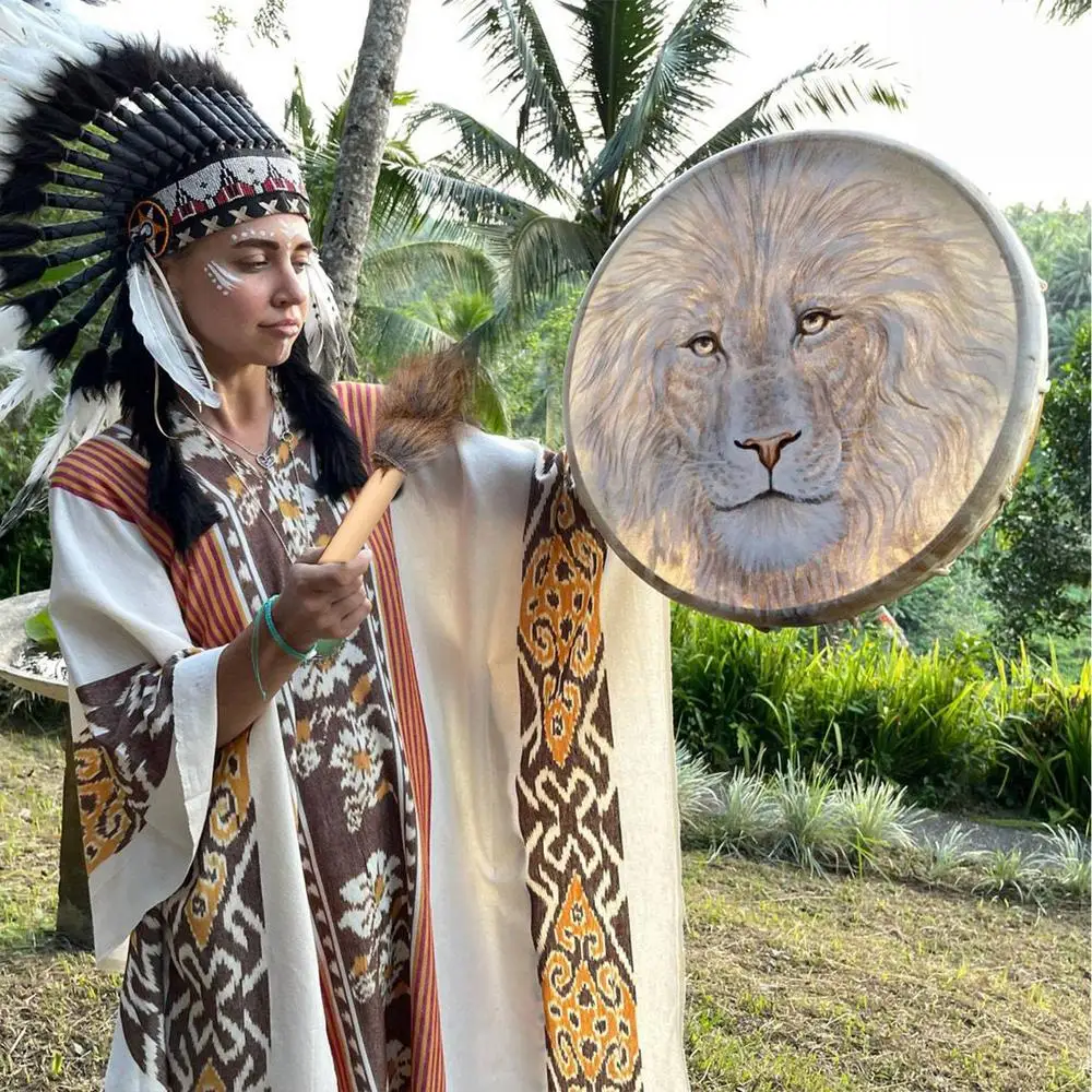 25cm Handmade Shaman Drum Siberian Shaman Lion Totem With Drum Stick Deep Bass Divine Sound Music Instrument Home Ornament