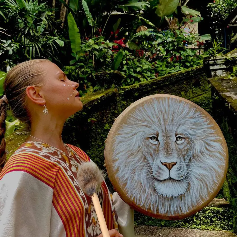 25cm Handmade Shaman Drum Siberian Shaman Lion Totem With Drum Stick Deep Bass Divine Sound Music Instrument Home Ornament