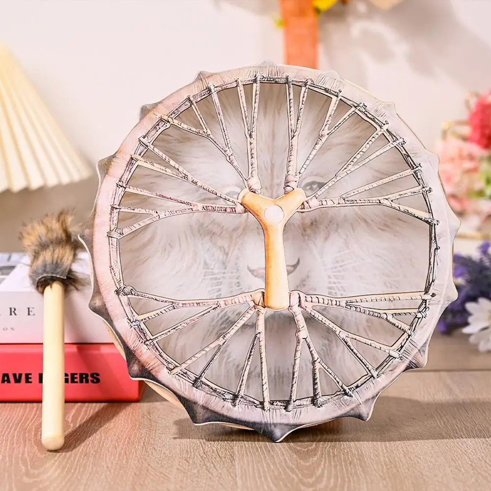 25cm Handmade Shaman Drum Siberian Shaman Lion Totem With Drum Stick Deep Bass Divine Sound Music Instrument Home Ornament