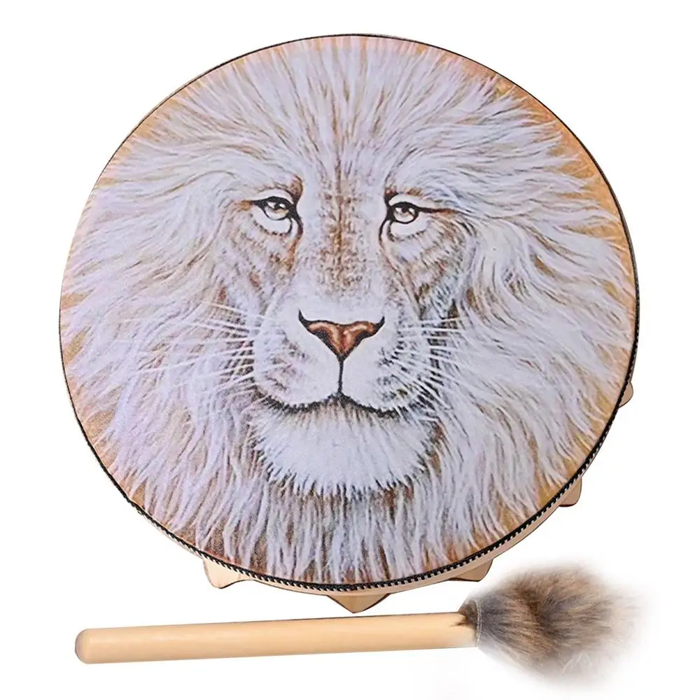 25cm Handmade Shaman Drum Siberian Shaman Lion Totem With Drum Stick Deep Bass Divine Sound Music Instrument Home Ornament