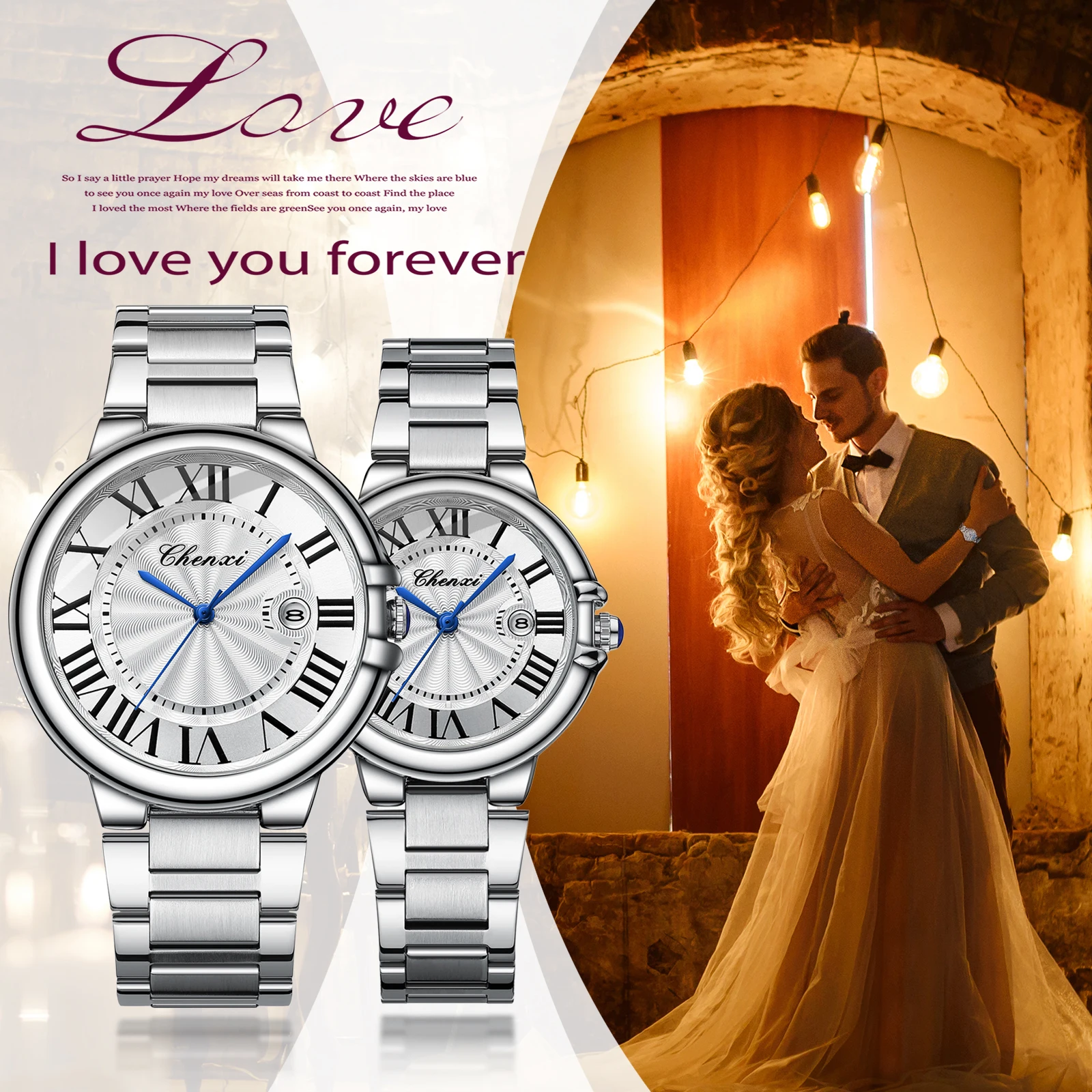 LANCARDO Quartz Calendar Dial Stainless Steel Couples Waterproof Watch Roman Dial Stereo Detachable Strap Casual Business Watch