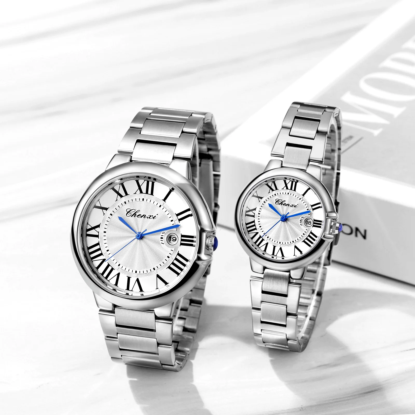 LANCARDO Quartz Calendar Dial Stainless Steel Couples Waterproof Watch Roman Dial Stereo Detachable Strap Casual Business Watch