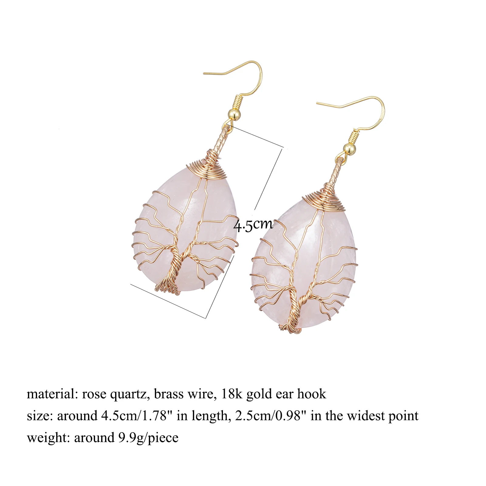 Handmade Teardrop Rose Quartz Crystal Dangle Earrings for Women, Wire Craft Tree of Life Earrings