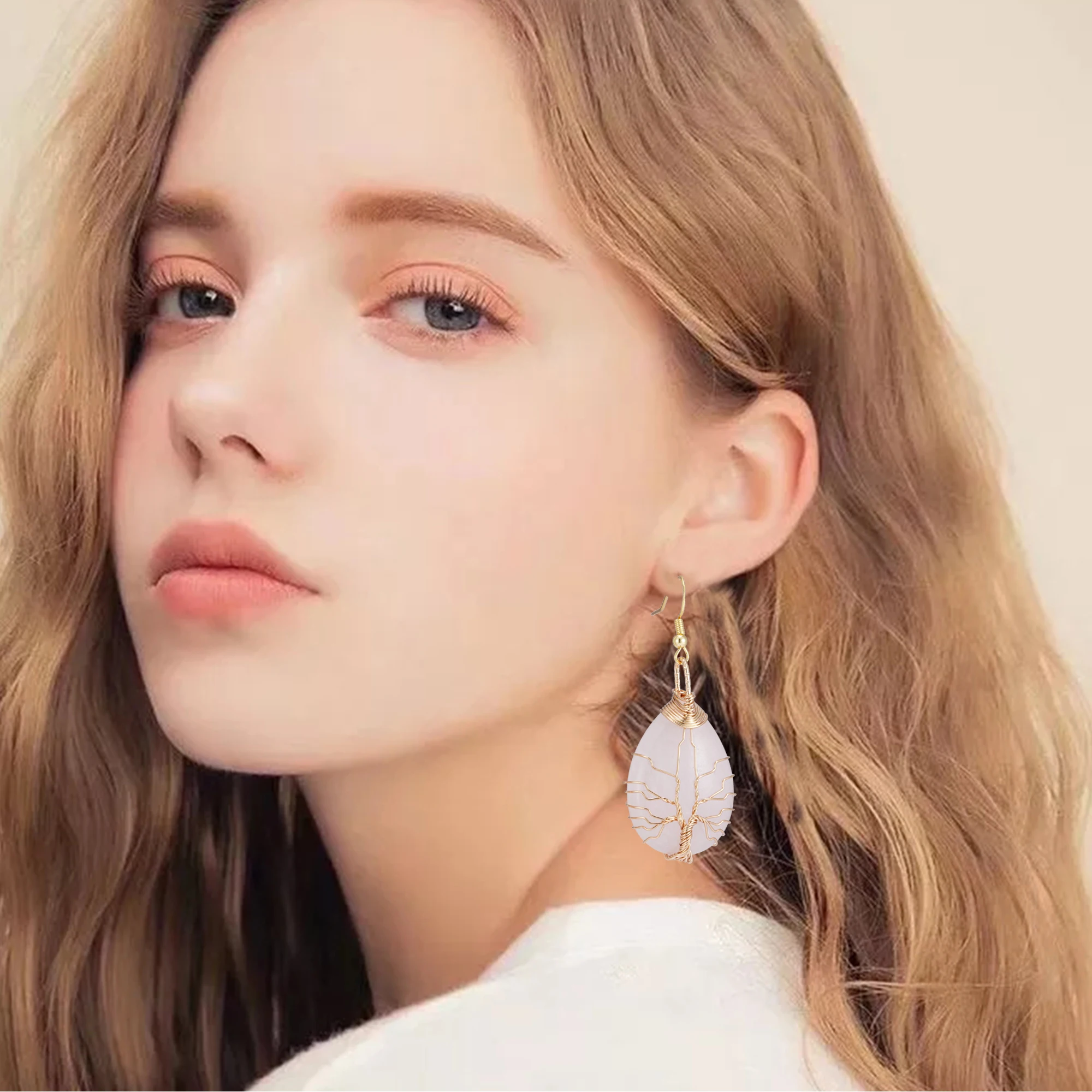 Handmade Teardrop Rose Quartz Crystal Dangle Earrings for Women, Wire Craft Tree of Life Earrings