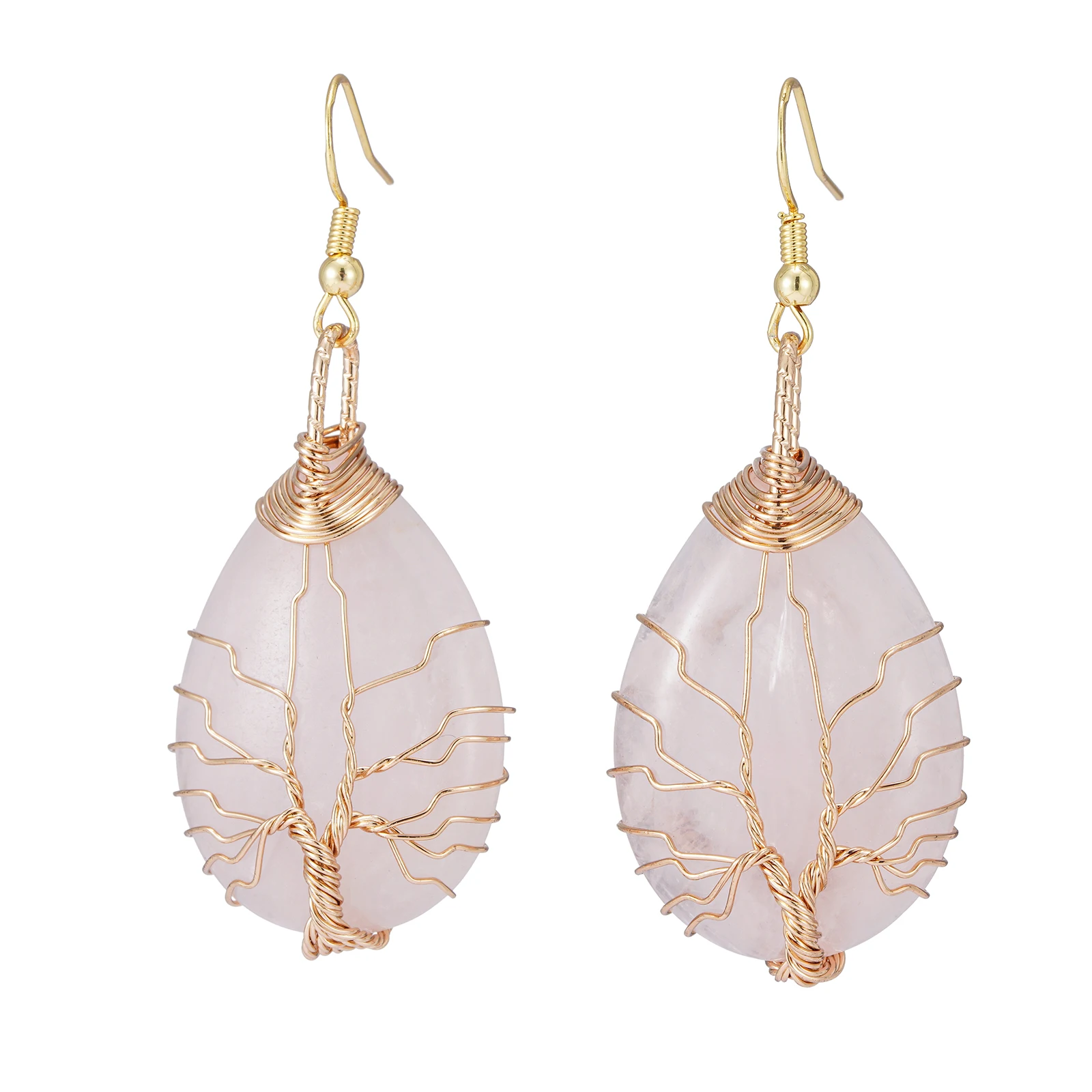 Handmade Teardrop Rose Quartz Crystal Dangle Earrings for Women, Wire Craft Tree of Life Earrings