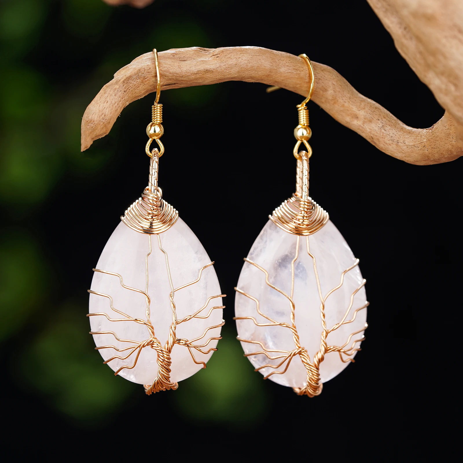 Handmade Teardrop Rose Quartz Crystal Dangle Earrings for Women, Wire Craft Tree of Life Earrings