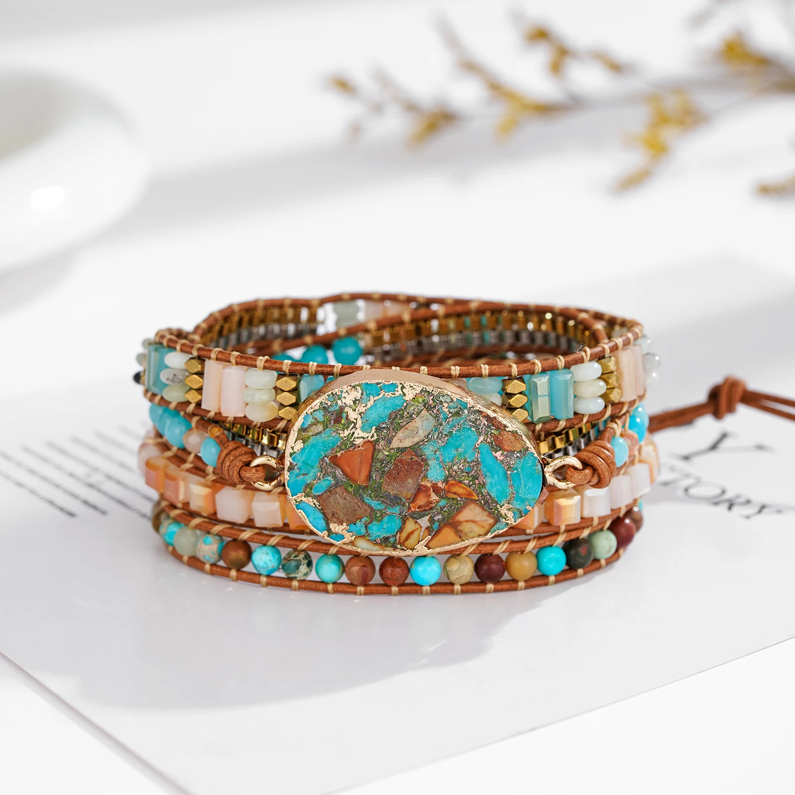 Boho Handmade Natural Stone Beaded Bracelets Turquoise Blue Jasper Hematite Crystal 5 Wraps Bracelet for Women Men