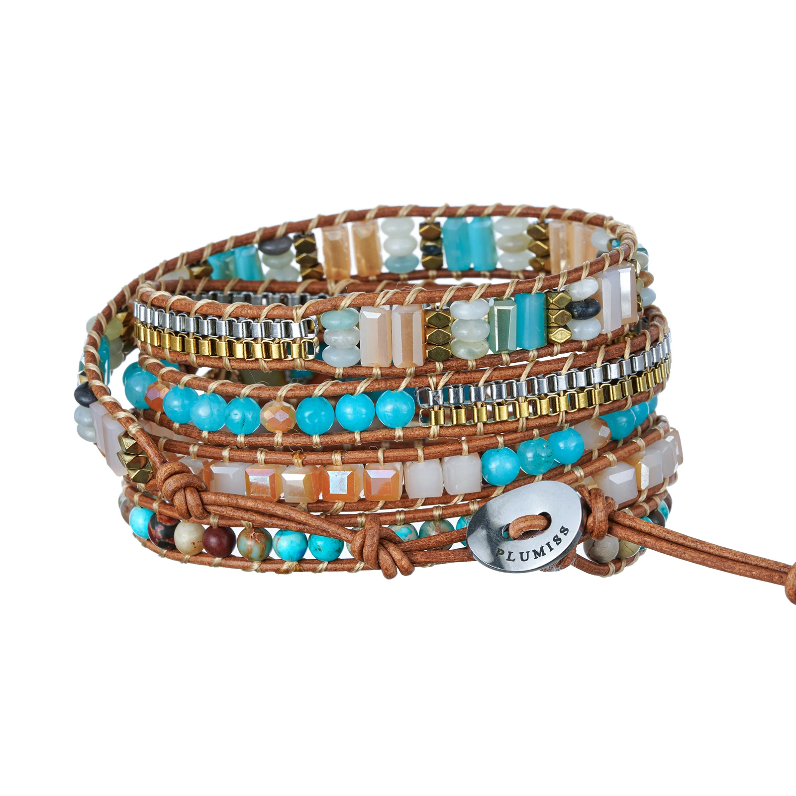 Boho Handmade Natural Stone Beaded Bracelets Turquoise Blue Jasper Hematite Crystal 5 Wraps Bracelet for Women Men