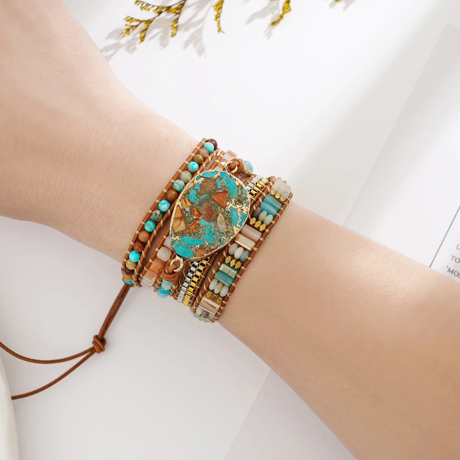 Boho Handmade Natural Stone Beaded Bracelets Turquoise Blue Jasper Hematite Crystal 5 Wraps Bracelet for Women Men