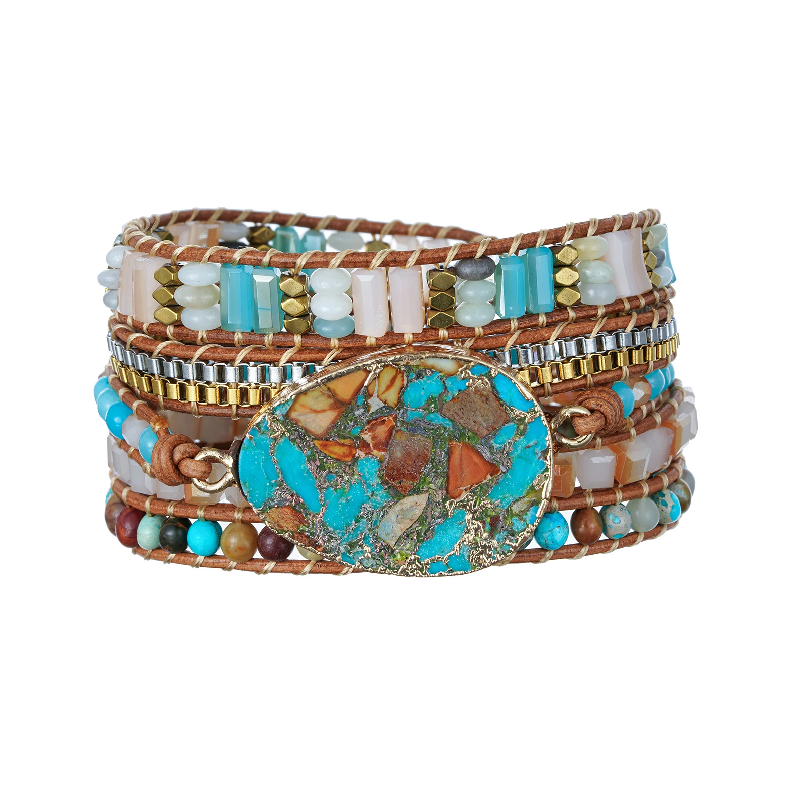 Boho Handmade Natural Stone Beaded Bracelets Turquoise Blue Jasper Hematite Crystal 5 Wraps Bracelet for Women Men