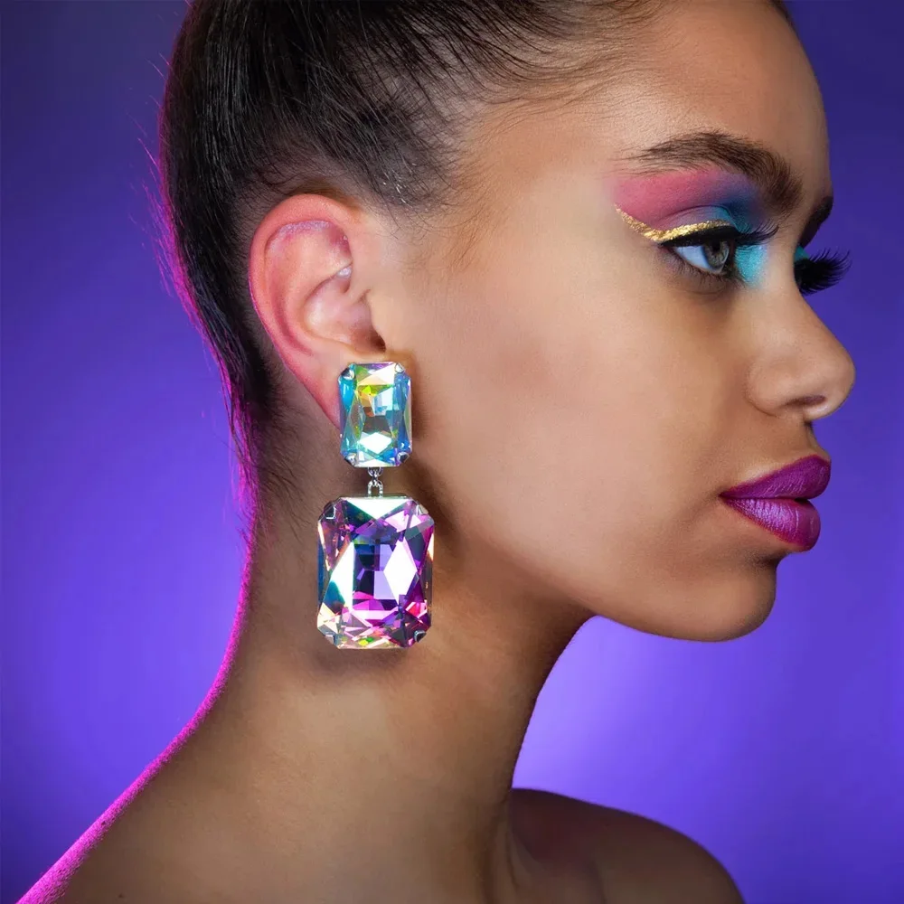 Stonefans Fahion AB Crystal Rectangular Dangle Earrings for Women 2024 Exaggerated Large Earrings Rhinestone Square Ear Jewelry