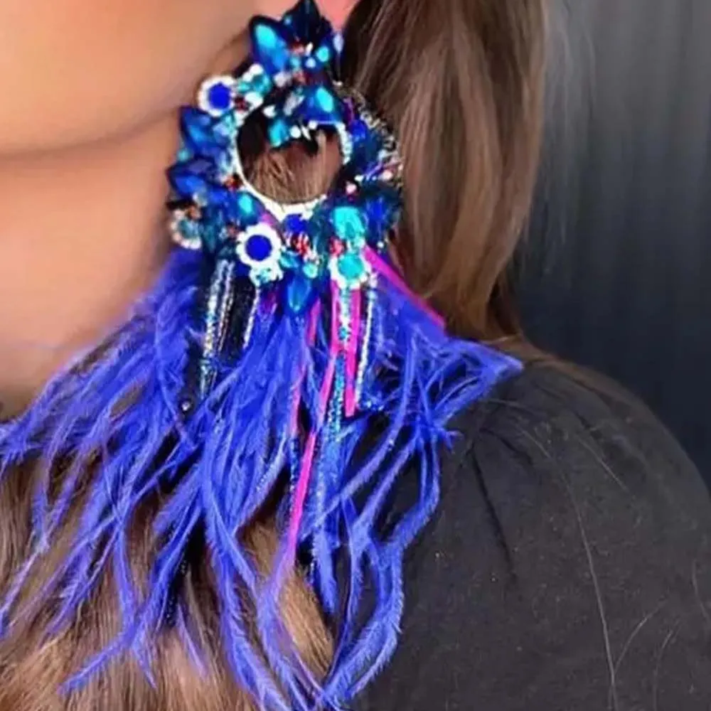 Stonefans Blue Feather Geometric Earrings Women 2024 Chunky Statement Dangle Wedding New Exaggerate Accessories Jewelry Earrings