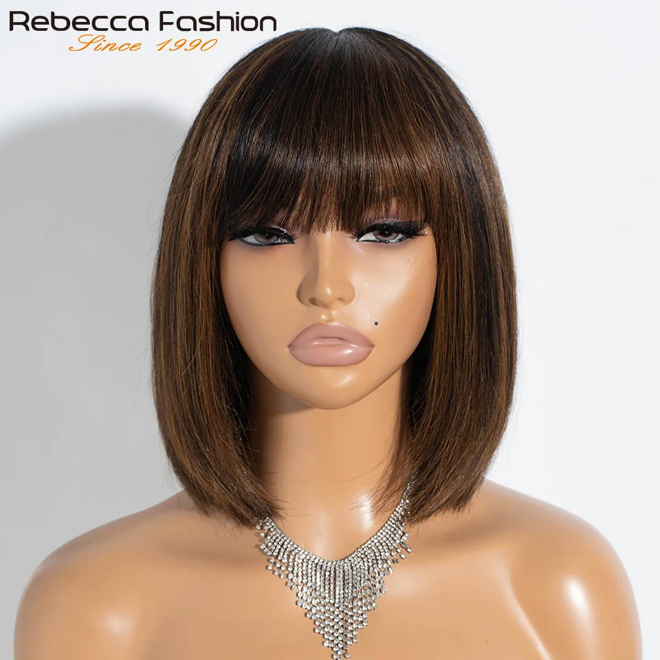Straight Hair Short Bob Lace Wigs 100% Human Hair Wigs With Bangs #4/27 Natural Brown Middle Part Bob Lace Wigs Realistic Scalp