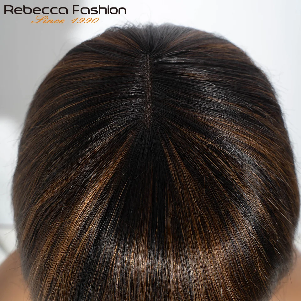 Straight Hair Short Bob Lace Wigs 100% Human Hair Wigs With Bangs #4/27 Natural Brown Middle Part Bob Lace Wigs Realistic Scalp