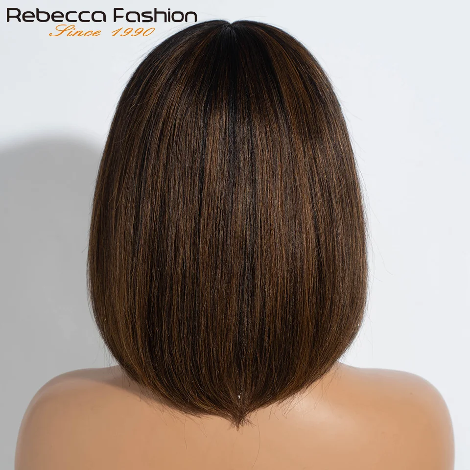Straight Hair Short Bob Lace Wigs 100% Human Hair Wigs With Bangs #4/27 Natural Brown Middle Part Bob Lace Wigs Realistic Scalp
