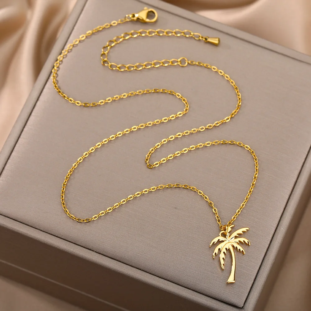 Palm Tree Pendant Necklace for Women Men Goth Aesthetic Coconut Tree Choker Chain Necklace Stainless Steel Jewelry Gifts