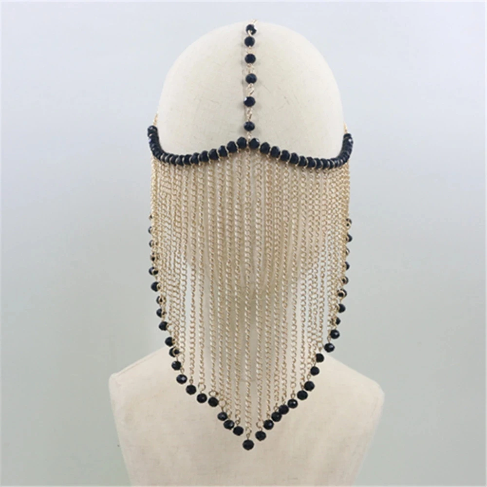 Stonefans Crystal Wedding Black Tassel Mask for Women Cosplay Face Hallowenً Accessory Club Full Hair Jewelry Braids Festival