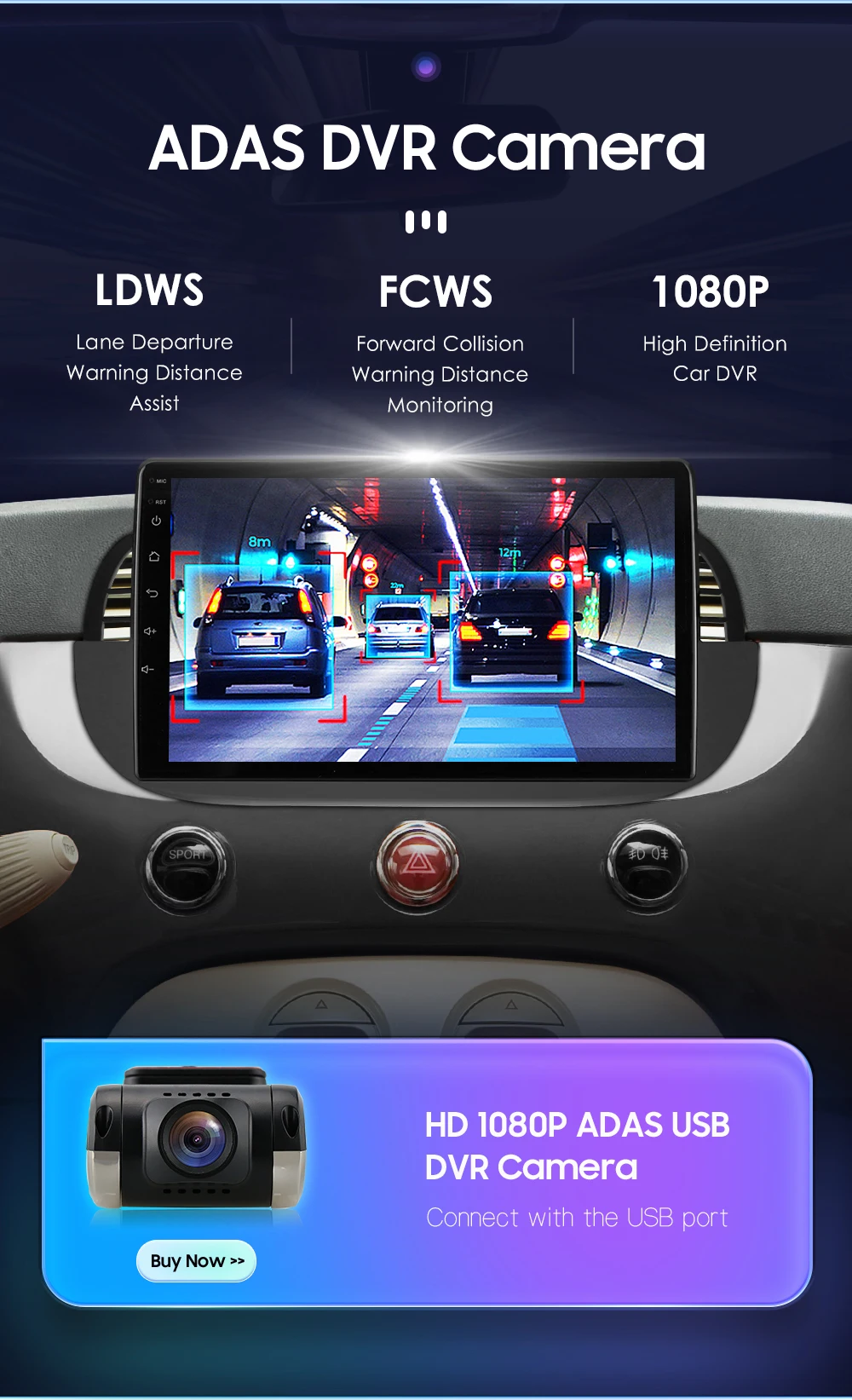 Hizpo 9'' Android 14 8+128G Car Radio Stereo For Fiat 500 With GPS Navigation Steering Wheel Control Multimedia Carplay& Auto BT