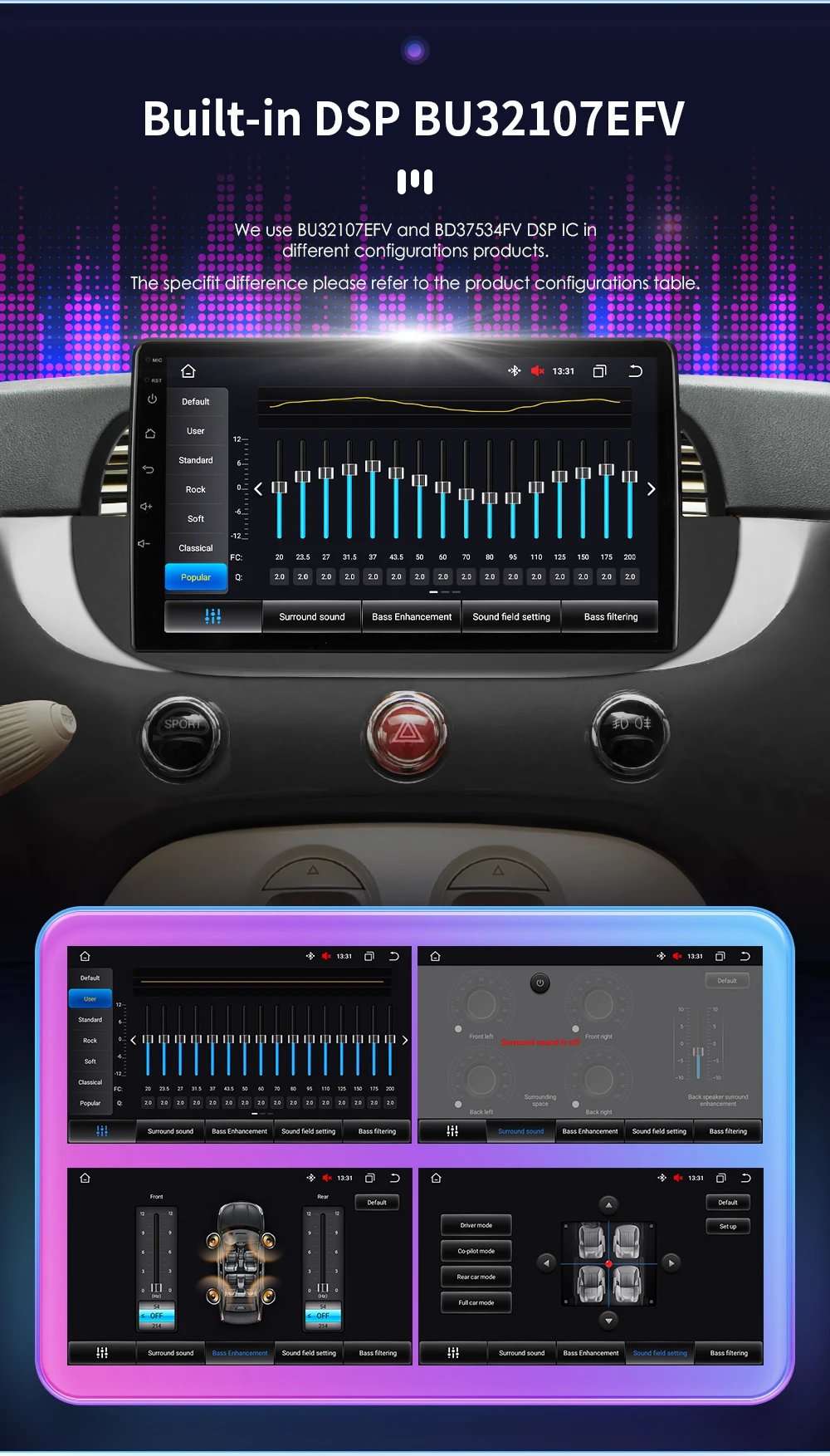 Hizpo 9'' Android 14 8+128G Car Radio Stereo For Fiat 500 With GPS Navigation Steering Wheel Control Multimedia Carplay& Auto BT