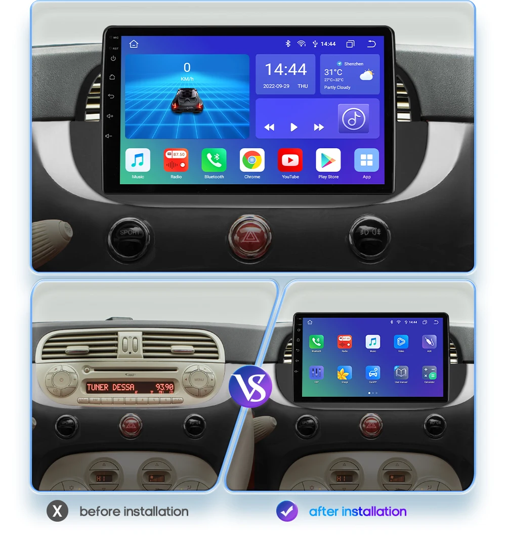 Hizpo 9'' Android 14 8+128G Car Radio Stereo For Fiat 500 With GPS Navigation Steering Wheel Control Multimedia Carplay& Auto BT