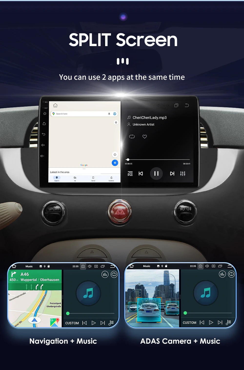 Hizpo 9'' Android 14 8+128G Car Radio Stereo For Fiat 500 With GPS Navigation Steering Wheel Control Multimedia Carplay& Auto BT