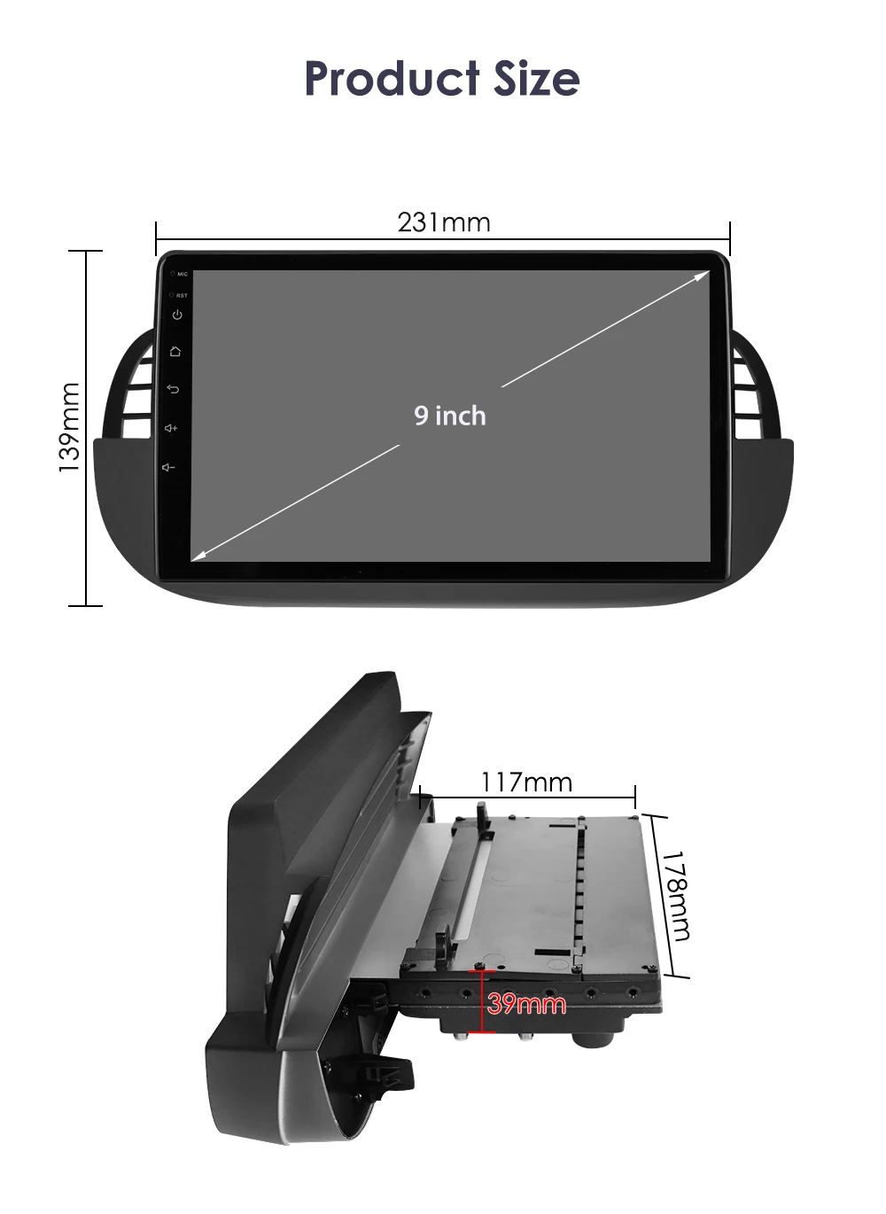 Hizpo 9'' Android 14 8+128G Car Radio Stereo For Fiat 500 With GPS Navigation Steering Wheel Control Multimedia Carplay& Auto BT