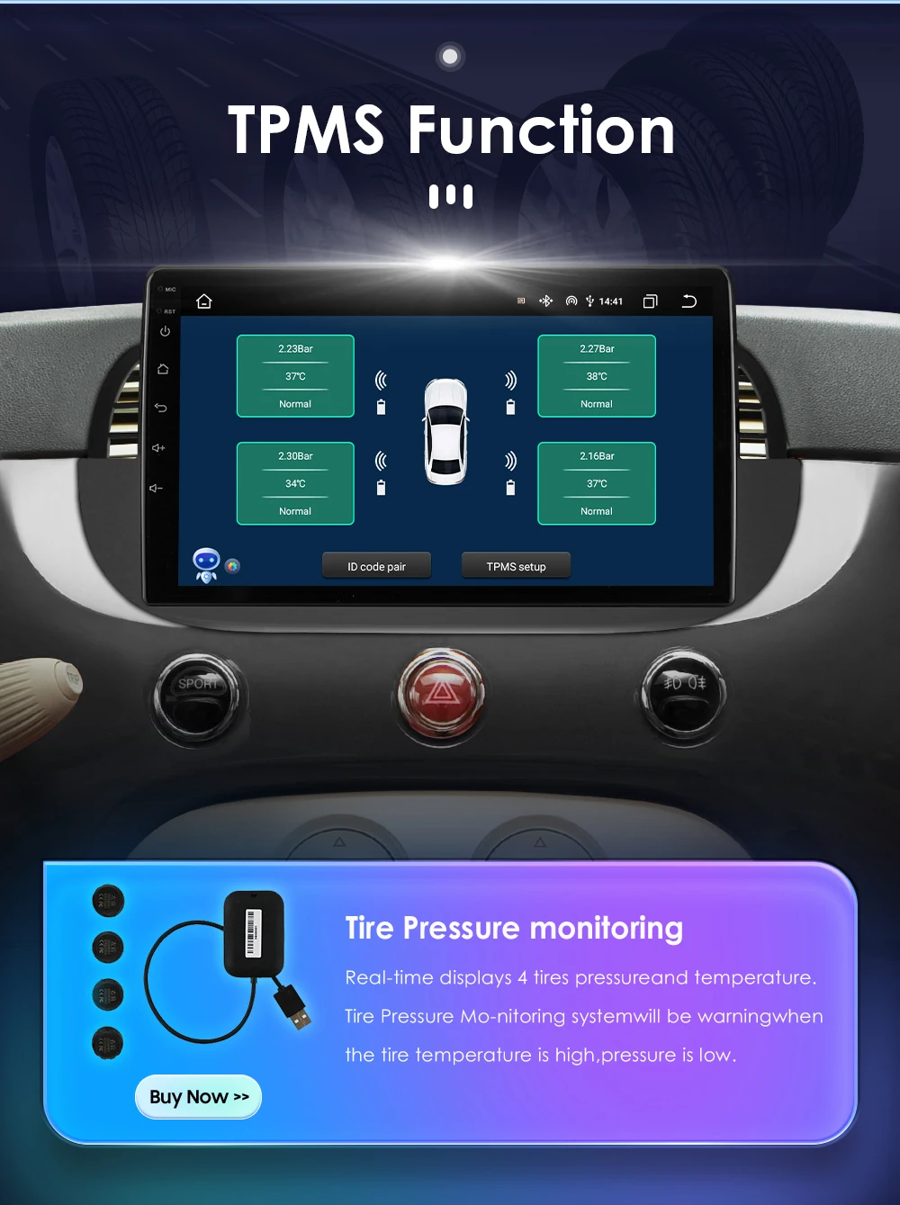 Hizpo 9'' Android 14 8+128G Car Radio Stereo For Fiat 500 With GPS Navigation Steering Wheel Control Multimedia Carplay& Auto BT
