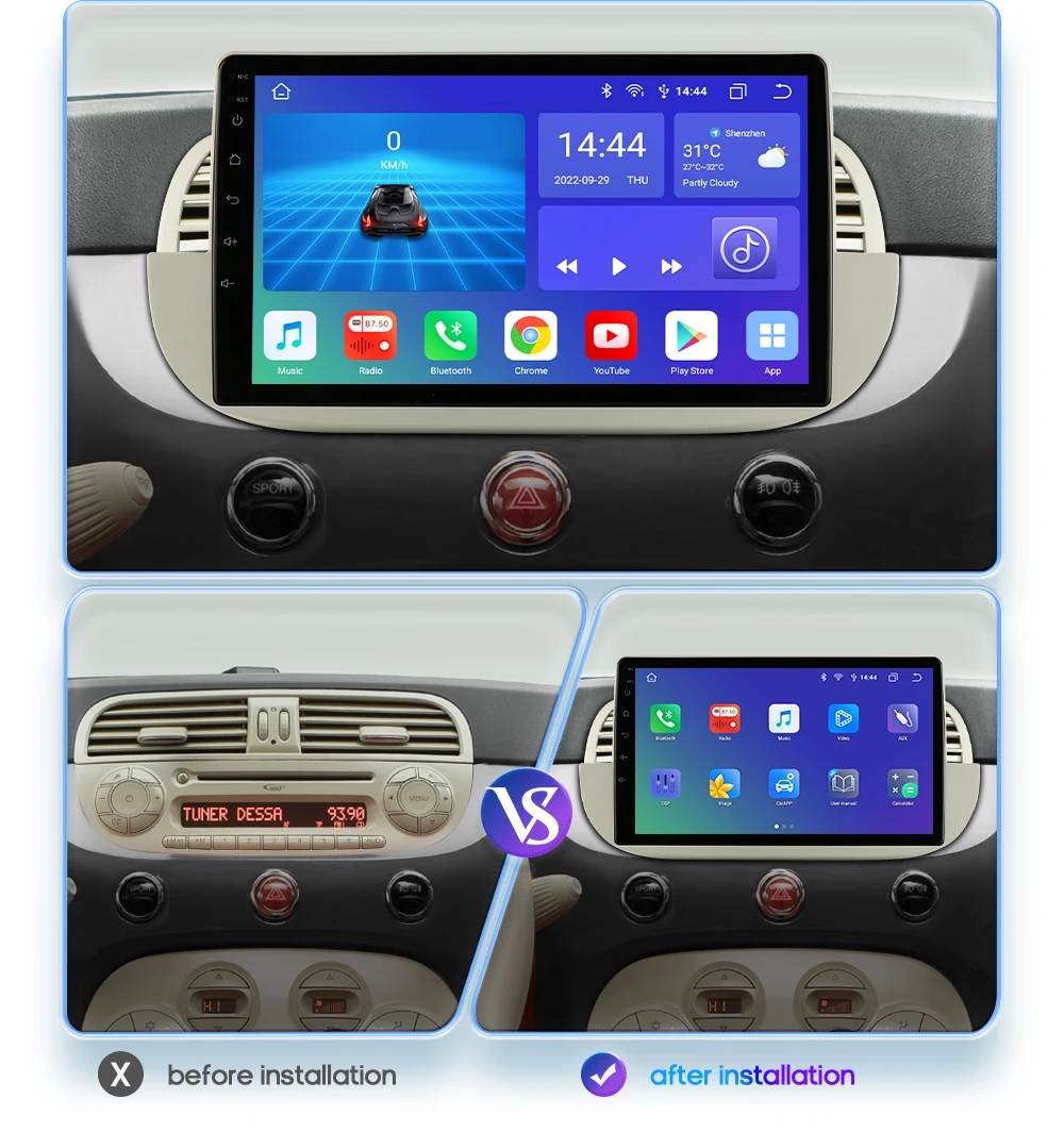 Hizpo 9'' Android 14 8+128G Car Radio Stereo For Fiat 500 With GPS Navigation Steering Wheel Control Multimedia Carplay& Auto BT