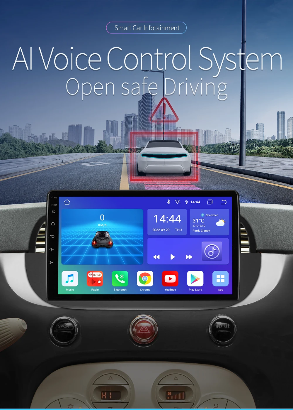 Hizpo 9'' Android 14 8+128G Car Radio Stereo For Fiat 500 With GPS Navigation Steering Wheel Control Multimedia Carplay& Auto BT