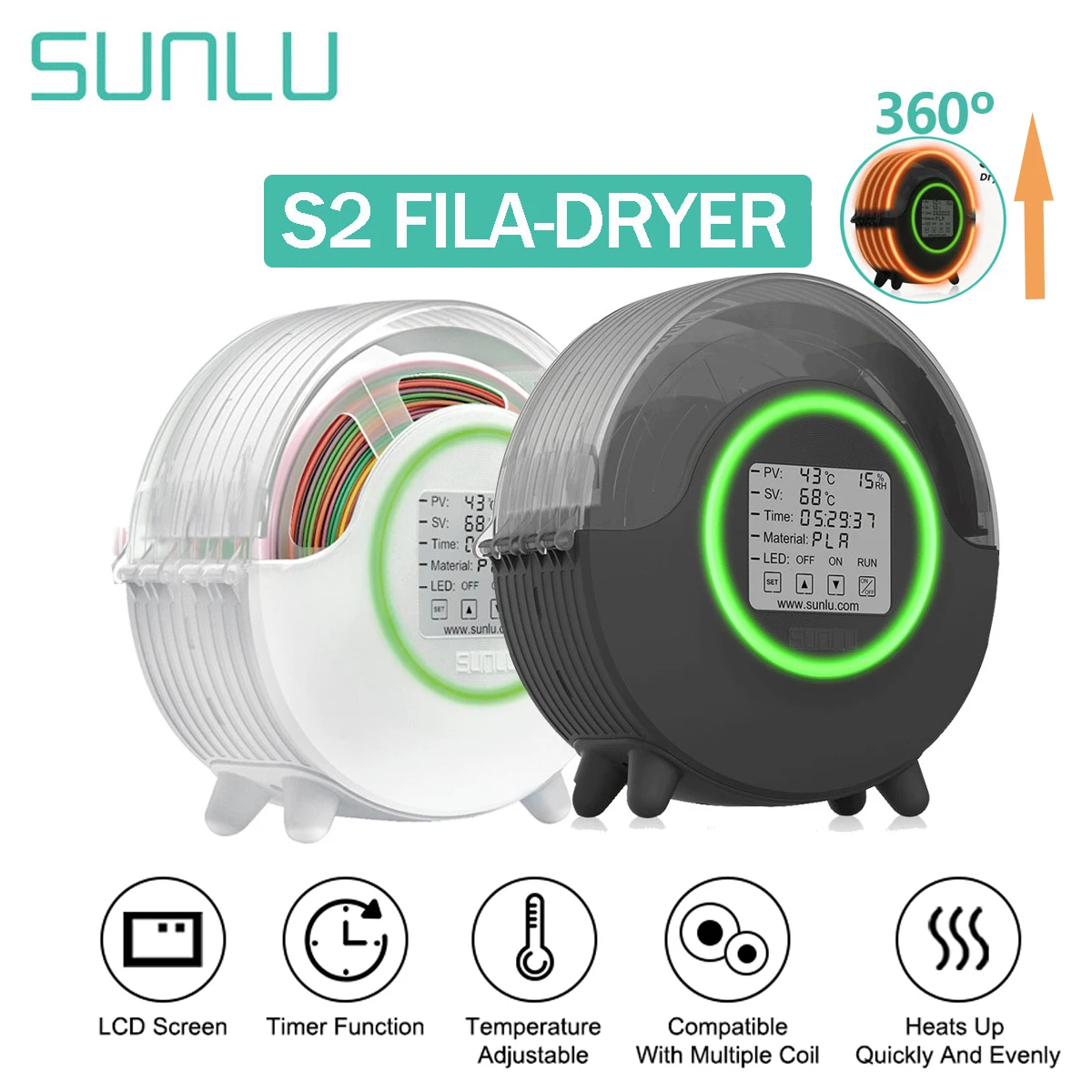 SUNLU S2 3D Filament Dryer Upgrade Filadryer LED Touch Screen Dry Box 360º Surround Heating Adjustable Thermo 3D Printing Drying