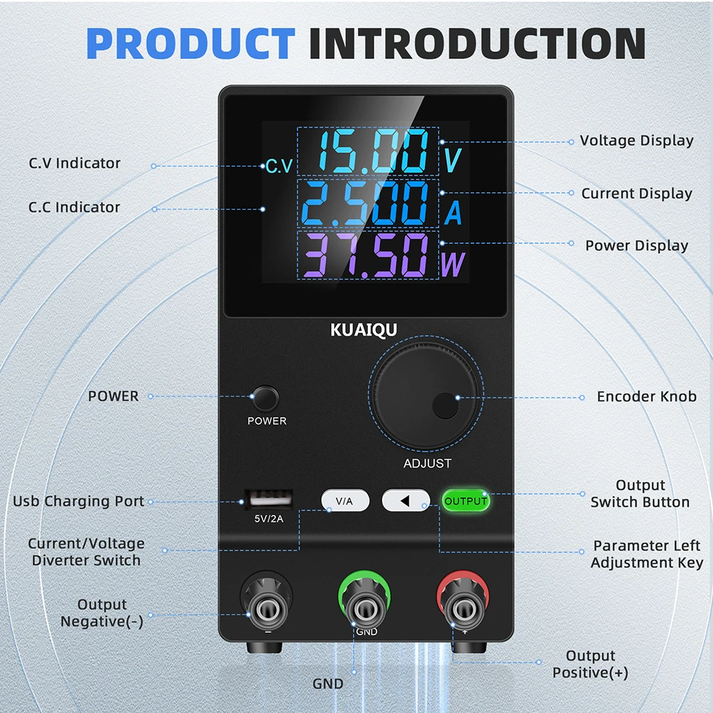 KUAIQU Repair DC Power Supply 30V 10A 5A Adjustable Bench Power Supply 60V 5A 120V 3A USB 5V2A Lab Voltage Regulator for Plating