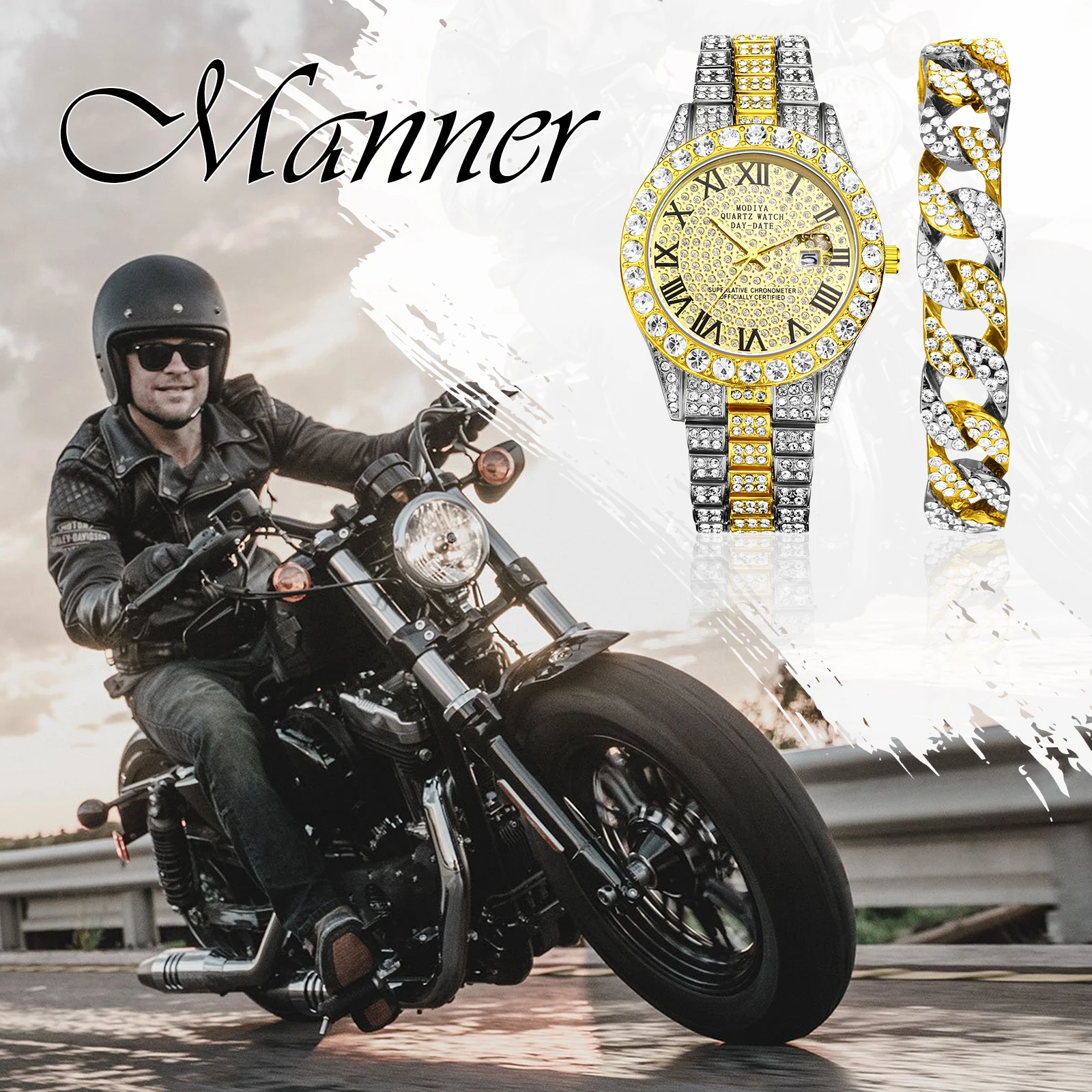 Lancardo Mens Luxury CZ Date Dial Quartz Wristwatch Cuban Link Chain Bracelet Calendar Waterproof Business Watch Clock Xmas Gift