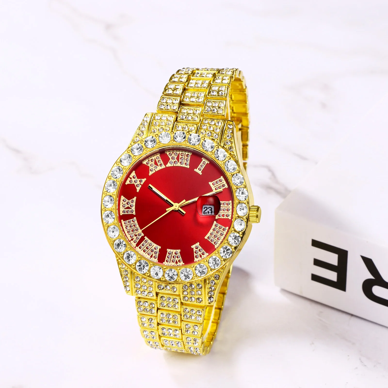 Lancardo Mens Luxury CZ Date Dial Quartz Wristwatch Cuban Link Chain Bracelet Calendar Waterproof Business Watch Clock Xmas Gift