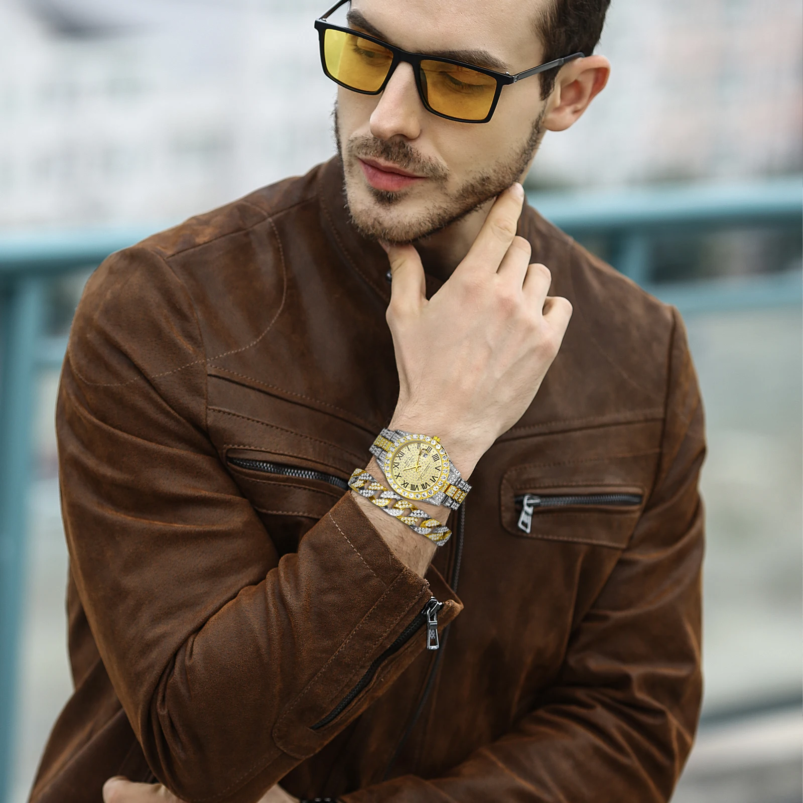 Lancardo Mens Luxury CZ Date Dial Quartz Wristwatch Cuban Link Chain Bracelet Calendar Waterproof Business Watch Clock Xmas Gift