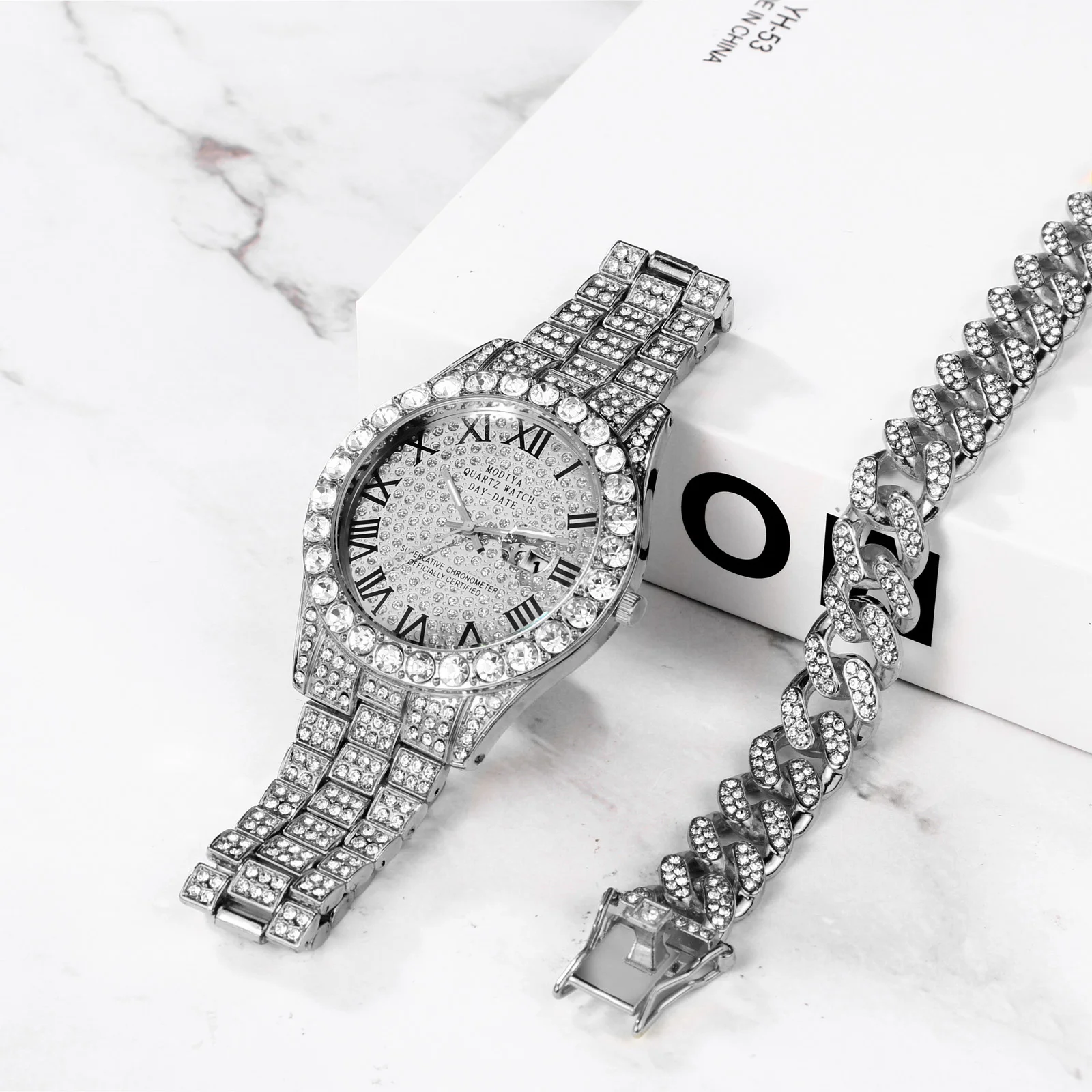 Lancardo Mens Luxury CZ Date Dial Quartz Wristwatch Cuban Link Chain Bracelet Calendar Waterproof Business Watch Clock Xmas Gift