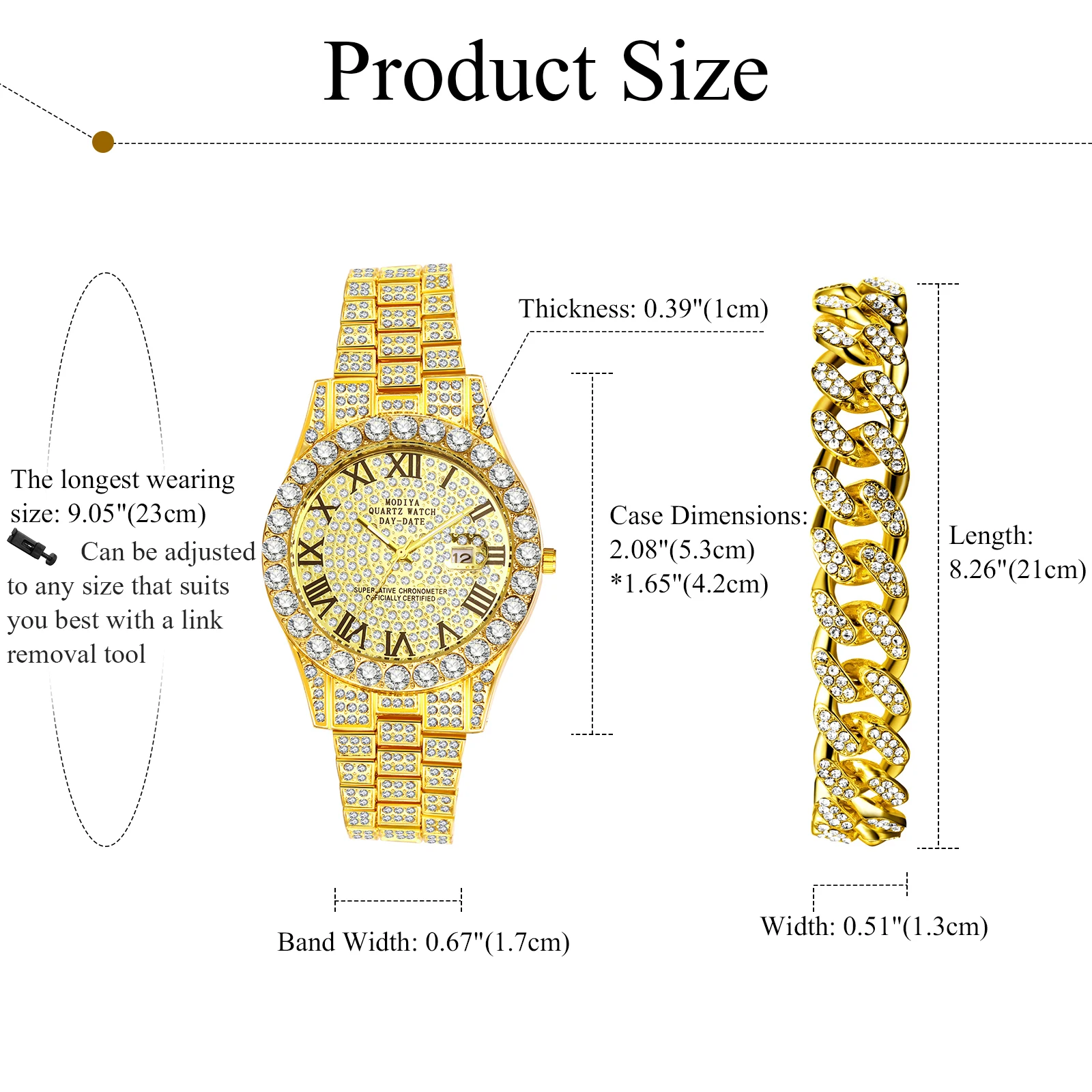 Lancardo Mens Luxury CZ Date Dial Quartz Wristwatch Cuban Link Chain Bracelet Calendar Waterproof Business Watch Clock Xmas Gift