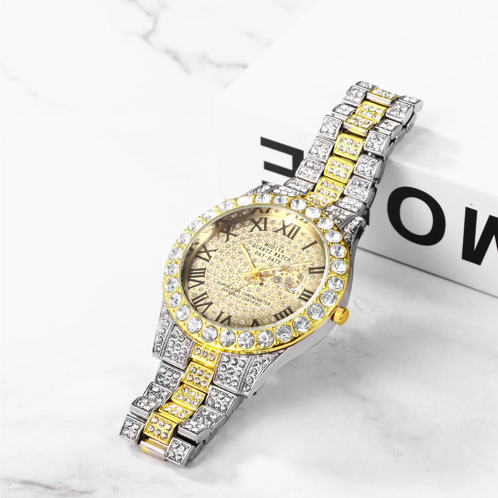 Lancardo Mens Luxury CZ Date Dial Quartz Wristwatch Cuban Link Chain Bracelet Calendar Waterproof Business Watch Clock Xmas Gift
