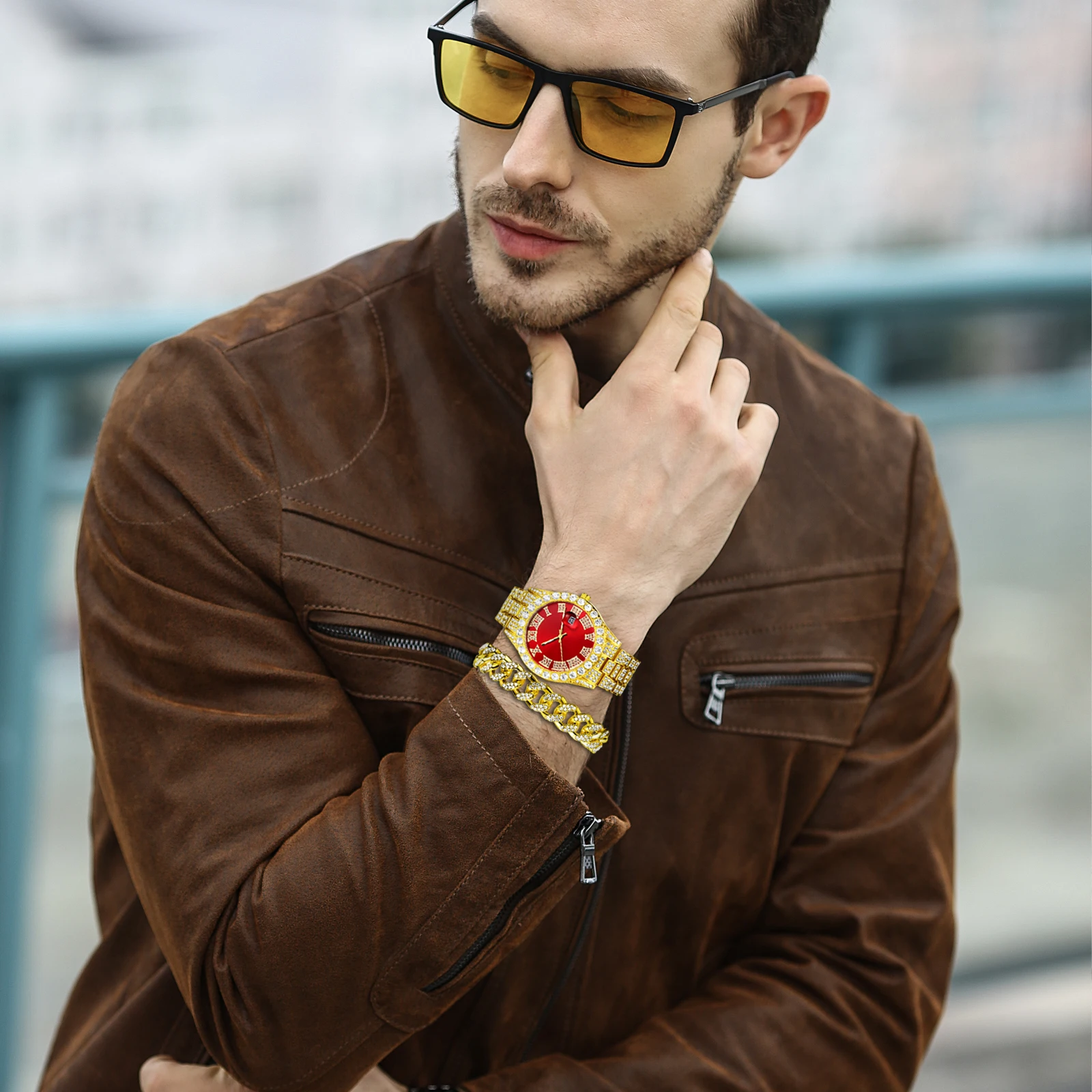 Lancardo Mens Luxury CZ Date Dial Quartz Wristwatch Cuban Link Chain Bracelet Calendar Waterproof Business Watch Clock Xmas Gift