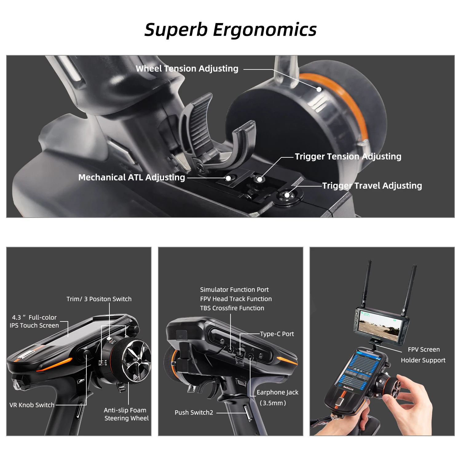 Radiolink RC8X 8CH 2.4G RC Transmitter with R8FG V2.1 Gyro Receiver, One Hand Control Accessory and Phone Holder for FPV Screen